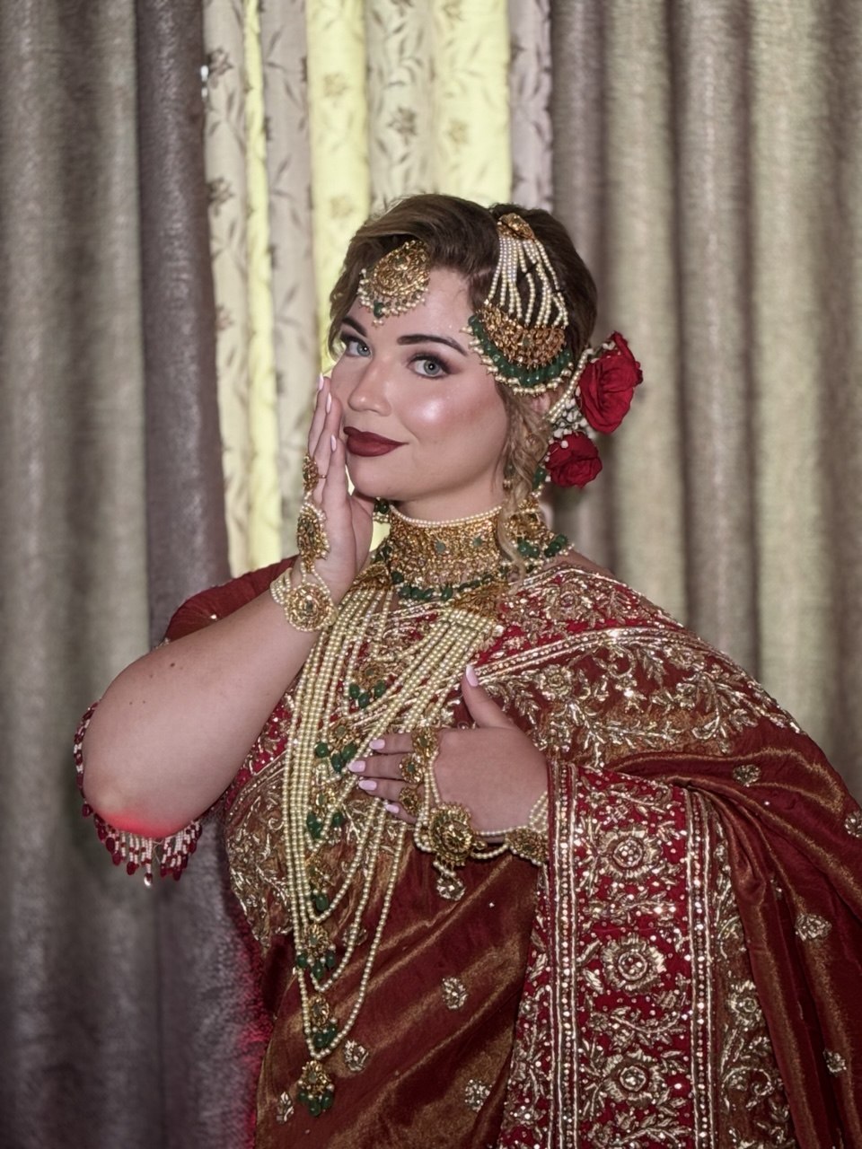 Radiant bridal portrait with subtle gloss lips and glowing skin finish